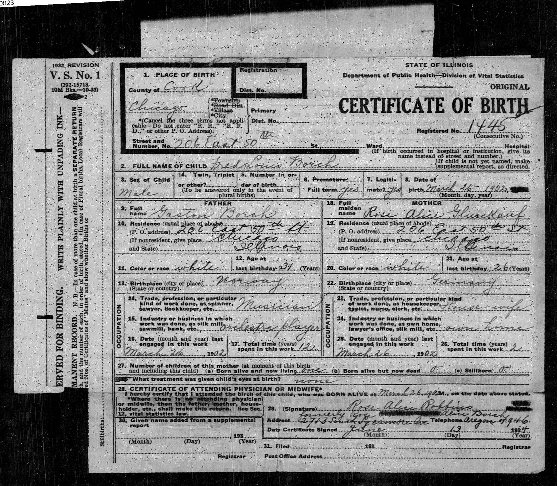 Frederick Borch Birth Certificate
